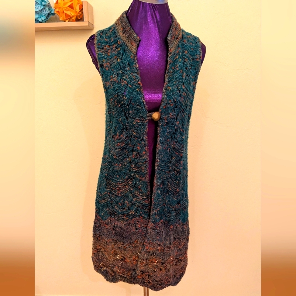 S Coldwater Creek Knit Duster Vest Boho Crochet Teal Cardigan Knee Length